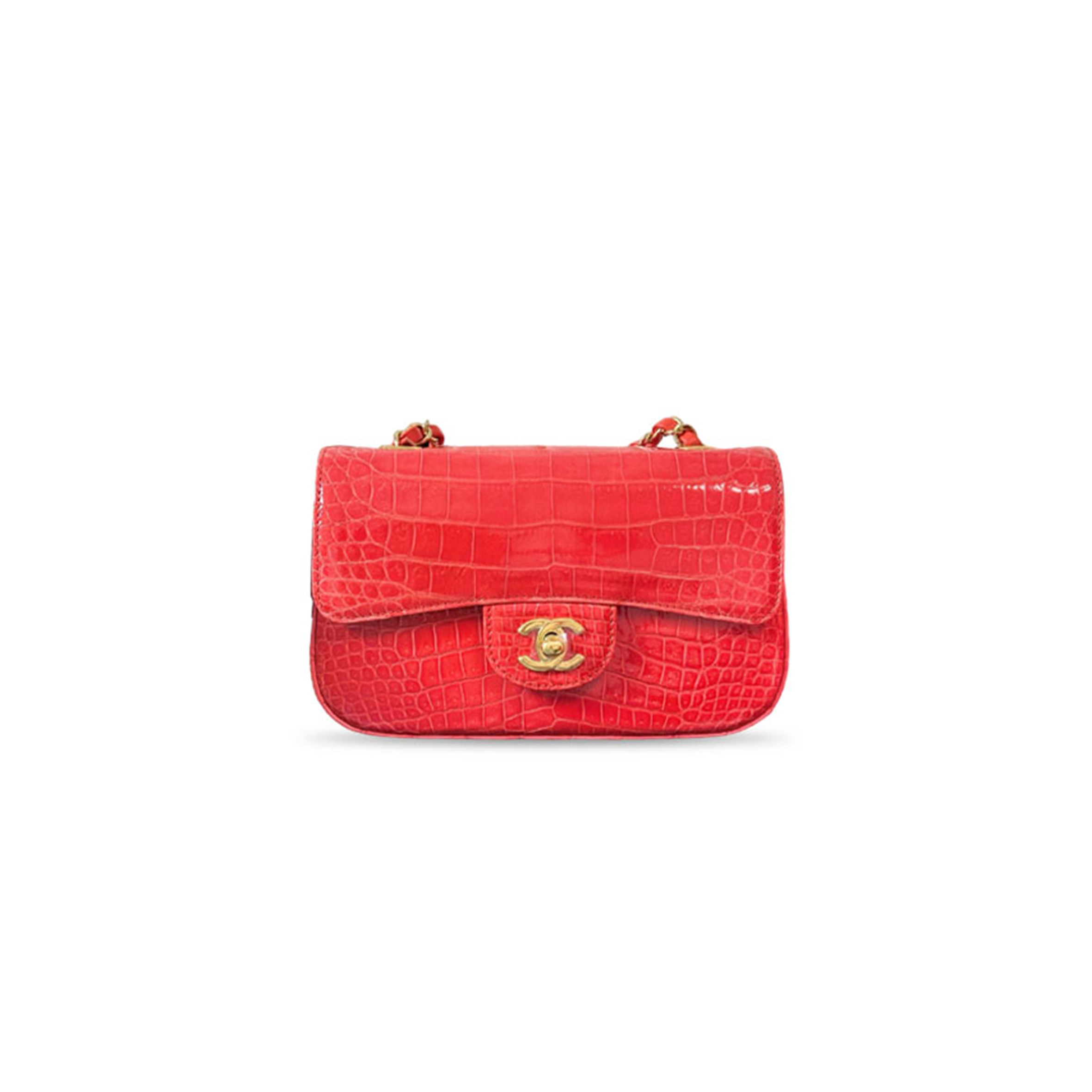 CHANEL MASTER RED SHINY ALLIGATOR CLASSIC MINI FLAP BAG FEATURING GOLD HARDWARE (20*12*6cm) 